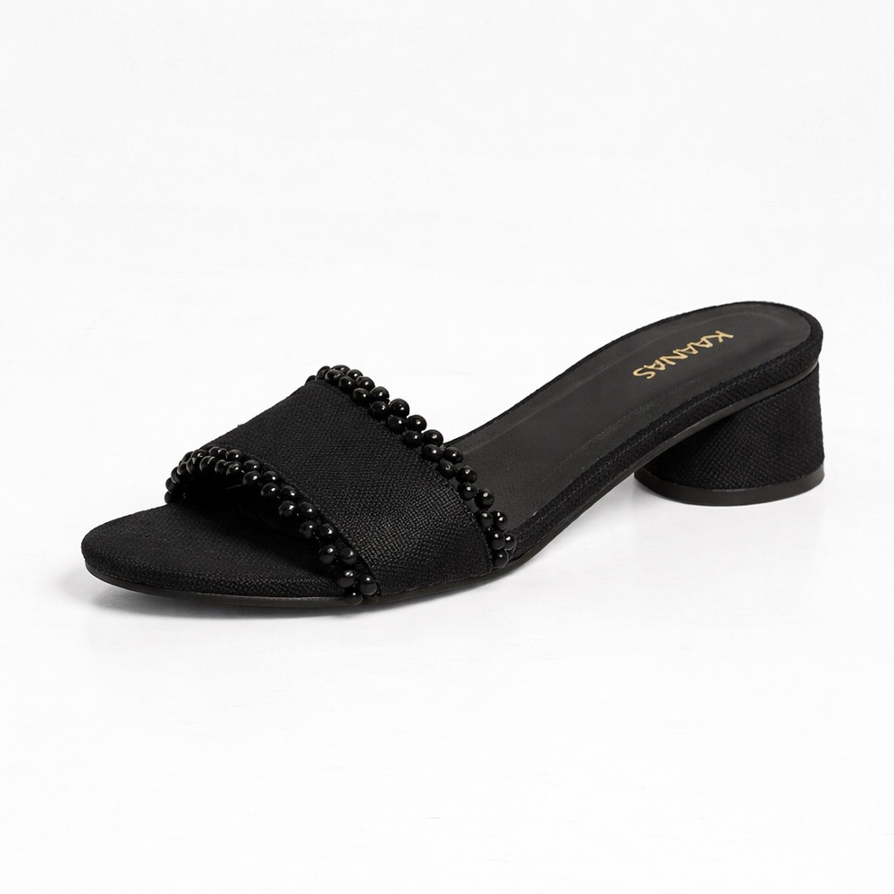 Kaanas Cairo Asymmetric Linen Heel in Black kitten heel beaded canvas sandal 8